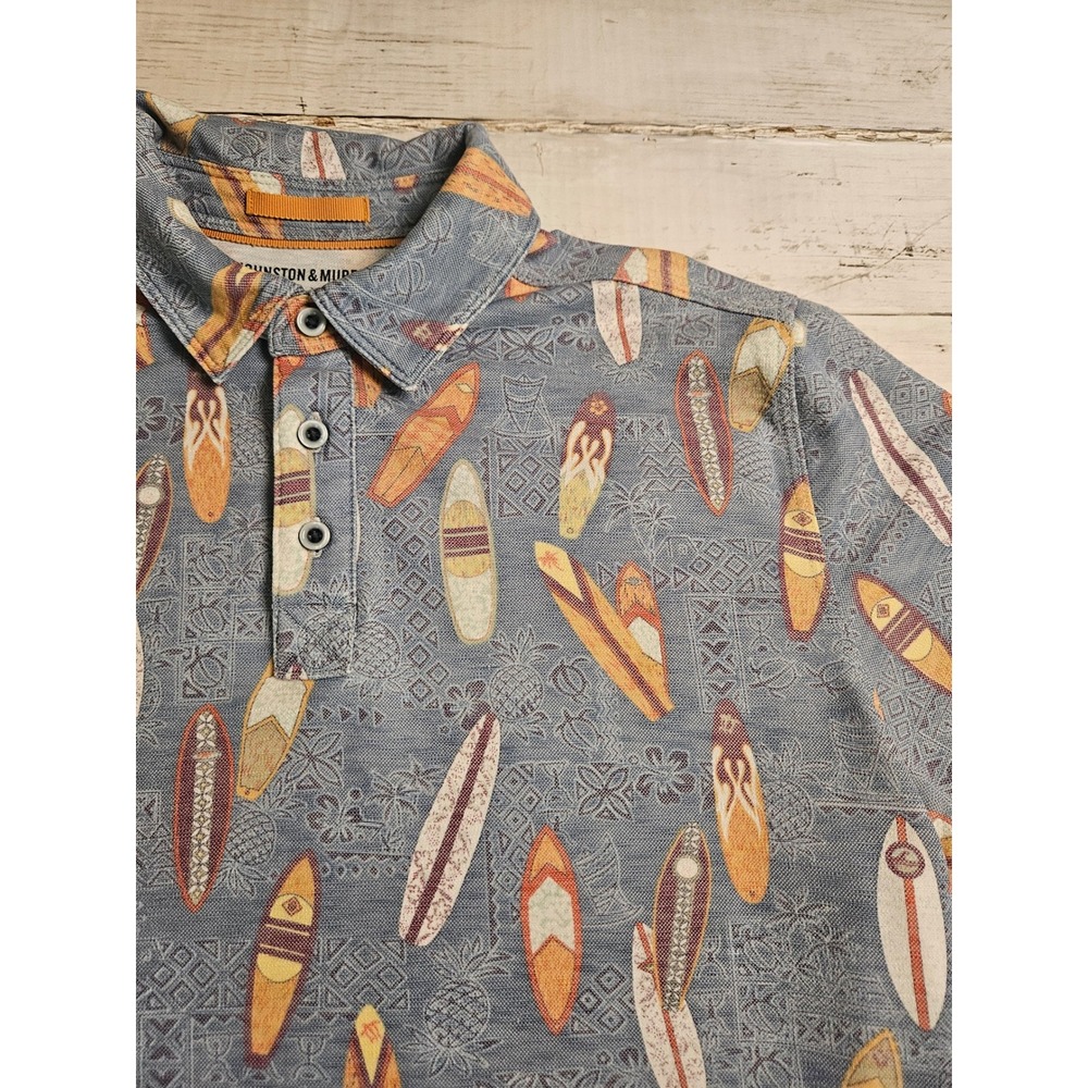 Johnston & Murphy Mens Surfboard Pineapple Print Polo Shirt Blue Modal Blend M